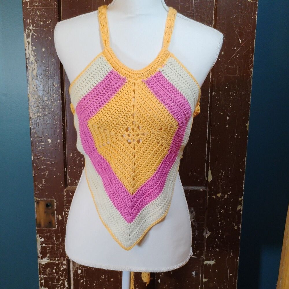 Beginning Boutique Crochet Halter Open Back Tie Boho/Hippie Orange/Pink XS